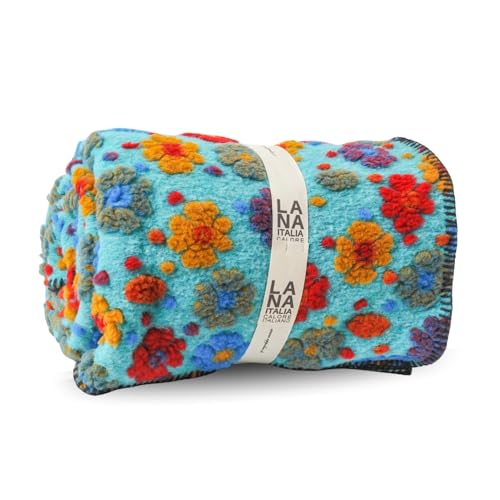 SUSANNA HOME DESIGN Plaid LANA ITALIA Coperta Lana Cotta 150x200 cm. Fantasia in Rilievo, Punto Cavallo, Elegante Coperta D'Arredo – Prodotta Artigianalmente in Italia (Margherita Azzurra, 150x200)