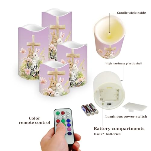 Image of Bunny and Cross Plastic Flameless Candles with Remote Control and Timer LED Flickering Battery Operated Color Changing Electric Pillar Candles Easter Decoration