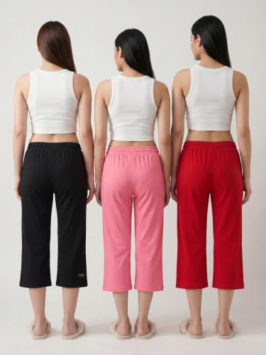 Image of Fflirtygo Women's Cotton Plain Calf Length Capri | Nightwear Pajama | 3 /4th Solid Pyjama Pant | Black Navy and Lavender Lounge Pants | Casual wear & Lounge Wear Capri Combo (Pack of 3)