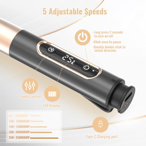 Nagelfräser, Denabuty Elektrische Nagelfeile Kabellos 12 in 1 Fräser für Gelnägel 25000 u/Min, USB Wiederaufladbare, 5 Verstellbare Geschwindigkei, Maniküre Pediküre Set Schwarz