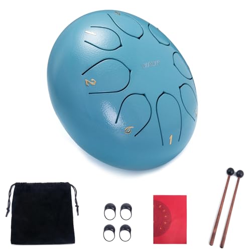 VixxNoxx Rain Drum for Outside Garden, 6 Inches 8 Notes Steel Tongue Drum Handpan Percussion Instrument for Yoga Meditation & Sound Therapy, Adult Gift with Bag, Mallets & Songbook (Moss Blue)