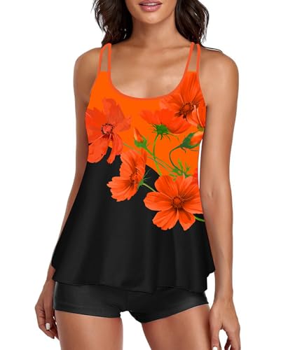 Image of Urchics 2026 Women Two Piece Tankini Swimsuit Tummy Control Plus Size Long Torso Top and High Waisted Boyshorts Bathing Suits
