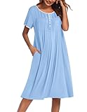 Ekouaer Womens Nightgown Short Sleeve Sleepshirts Lace Nightshirts Button Down Sleep Dress with Pockets Casual Sleepwear Light Blue
