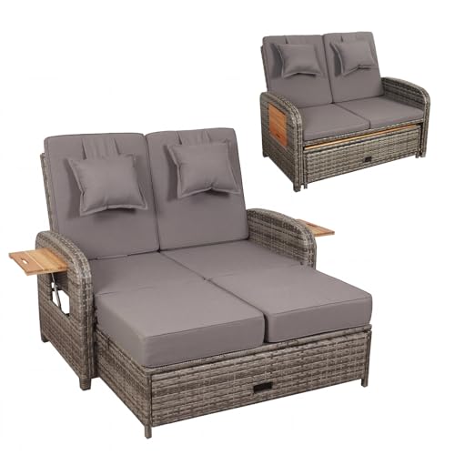 Panana 4-in-1 Rattan Garden Loveseat Daybed with Storage Ottoman 2 Seater Outdoor Sofa Sun Lounger with Adjustable Backrest Acacia Wood Side Trays Grey Patio Furniture Set for Balcony Terrace
