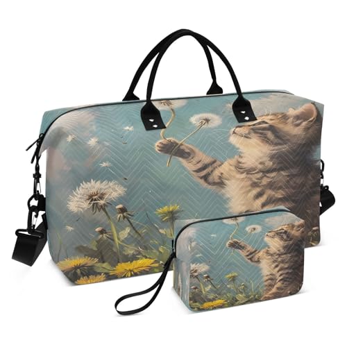 Cat Playing Dandelion Large Travel Duffle Bag Weekender Overnight Bags Gym Yoga Bag for Women Men with Toiletry Bag
