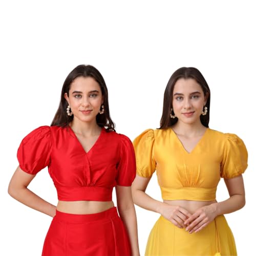 Image of Frolic Rolic Premium Silk V-Neck Blouse Readymade Saree Blouse - Designer Puff Sleeve Blouse for Wedding