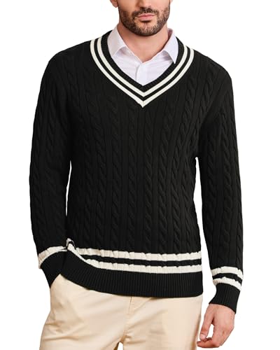 Kallspin Men's V Neck Cotton Cable Knit Sweater