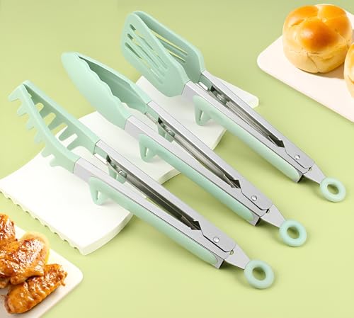 Image of YOMITH Stainless Steel Kitchen Tongs with Silicone Head, Nonstick Food Grade Cooking Tweezer Chimta for Buffet Multi Purpose Food Serving Tools (Green, 3 PCS Set)