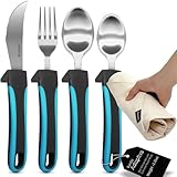 BUNMO Adaptive Utensils - Weighted Knives Forks and Spoons Silverware Set for Elderly People Disability Parkinsons Arthritis Aid Handicapped Hand Muscle Weakness Large Grip Built Up Utensils