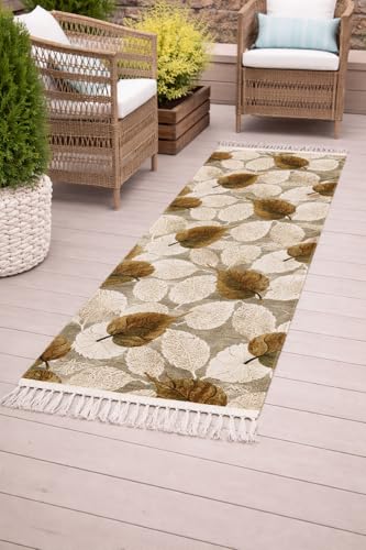 Image of SAGON 2x5 Ft Printed Runner Carpet - Cotton Bedside Rug for Bedroom & Living Room (Brown Leaf)