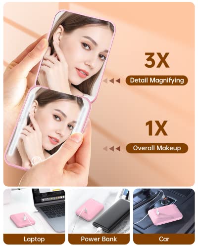Gospire Mini Rechargeable Travel Makeup Mirror With Lights And Magnification 1X / 3X, Led Compact Mirror With 3 Light Colors & Adjustable Brightness, Small Vanity Mirror Handheld For Purses – Pink #TOP4