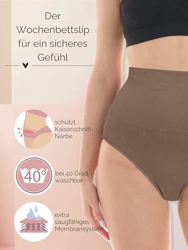 Herzmutter Wochenbett Unterhosen Kaiserschnitt-Geburt - 2er Set - Unterwäsche Postpartum - Saugfähig-Bauchstützend - Perioden Slip - High Waist Bauchschmeichler - 501020 (M-L, Schwarz/Taupe)