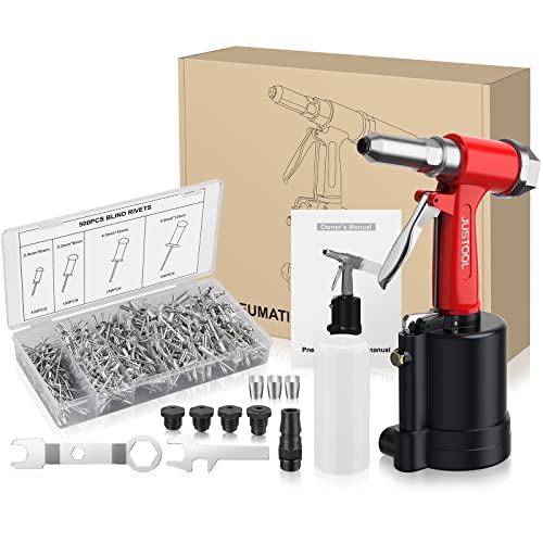 Remachadora de Aire Hidráulico JUSTOOL Pistola Remachadora Neumática Profesional con 500pcs Remache con Boquillas 3/32", 1/8",5/32",3/16" para Remaches de Hierro Aluminio Acero(2.4mm - 4.8mm) Cover
