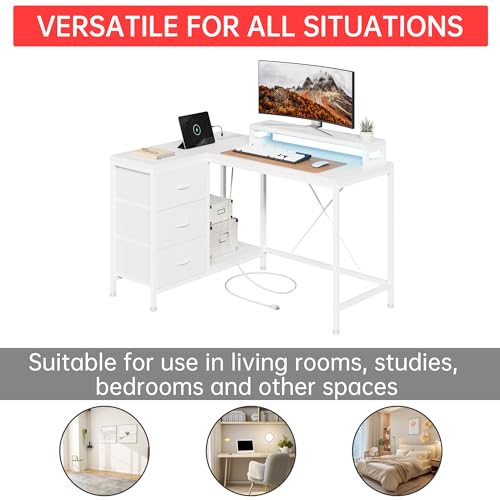 Image of Hetoy L-Shaped Gaming Desk with Power Outlets, Corner Desk with Drawers, Shelves & LED Lights, Computer Desk for Home & Office