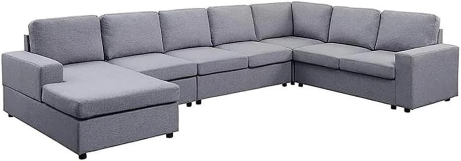 BOWERY HILL Contemporary 7-Seat Reversible Sectional Sofa Chaise, Light Gray Linen Fabric Upholstery, Foam-Filled Seats with Pocket Coil Springs, European Style, Solid Wood Frame, Living Room