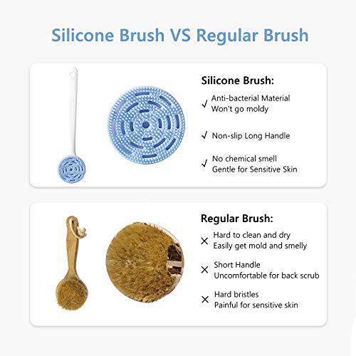 Soft Silicone Body Scrubber, AuroTrends 2021 New Bath Body Brush with Long Handle for Shower, BPA-Free, Non-Slip, Built-in & Removable Sponge (Blue)