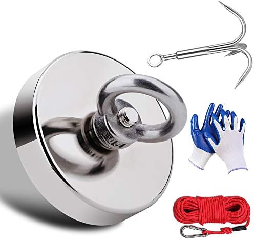 Magnet Fishing Kit Dia. 67mm 204KG with Rope 20M Carabiner Glove Grappling Hooks Large Strong Rare Earth Neodymium N52 Magnets for Fishing Magnet Treasure Hunting Underwater Retrieving