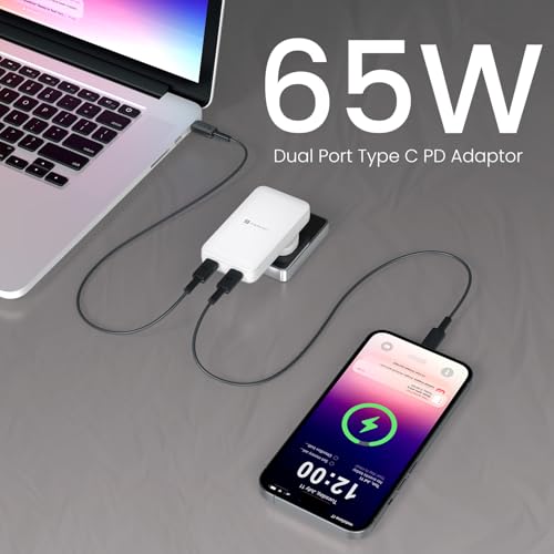 Image of Portronics 65W Adapto 65U Ultra Slim Dual Port Fast Charging Adaptor With Swappable Heads, Type C PD Output, International Travel Fast Charging Adapter, Suitable for 180+ Countries US,UK,EU,AUS(White)