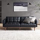 mopio Aaron 76.8' Couch, Small Futon Sofa Bed, Sleeper, Loveseat, Mid Century Modern Futon Couch, Sofa Cama, Couches for Living Room, Bedroom (Midnight Black, Faux Leather)