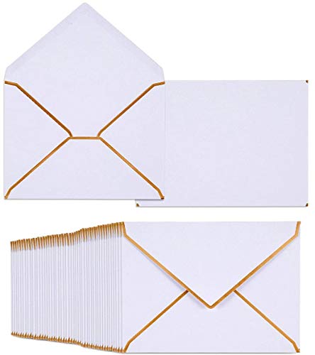 50 Pack A7 Envelopes 5 x 7 Card Envelopes Self-Adhesive V Flap Envelopes with Gold Border for Office, Wedding Gift Cards, Invitations, Graduation, Baby Shower, Parties (White)