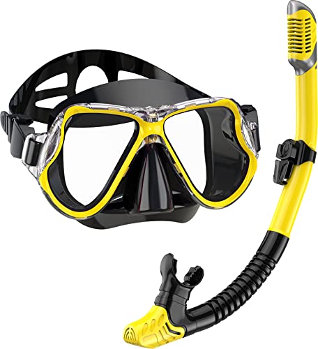 QcoQce Kit de plongée avec tuba, masque de plongée anti-buée et panoramique, respiration facile et masque de plongée professionnel avec embout souple pour adultes Cover
