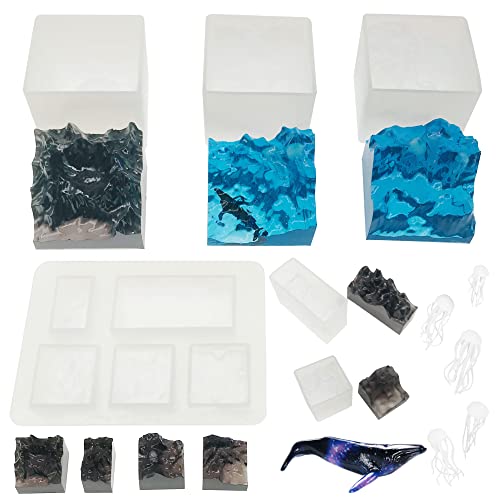 NA Woohome Silicone Mould for Resin, 6 PCS Mountain Peak Resin Moulds Jewelry Casting Mould with 6 PCS Jellyfish Whale Resin Mould Filler for Art Resin Crafts, Home Decoration