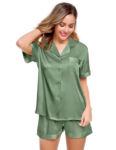 Image of LecGee Womens Silk Satin Pajamas Short Sleeve Loungewear Two-Piece Sleepwear Button-Down Pj Set