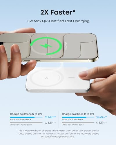 Anker Nano Batterie Externe certifiée Qi2 15W magnétique Ultra-Fine 5000 mAh, Rapide, Ergonomique et Compatible MagSafe, Uniquement pour iPhone 17 Pro Max/16/15/14/13