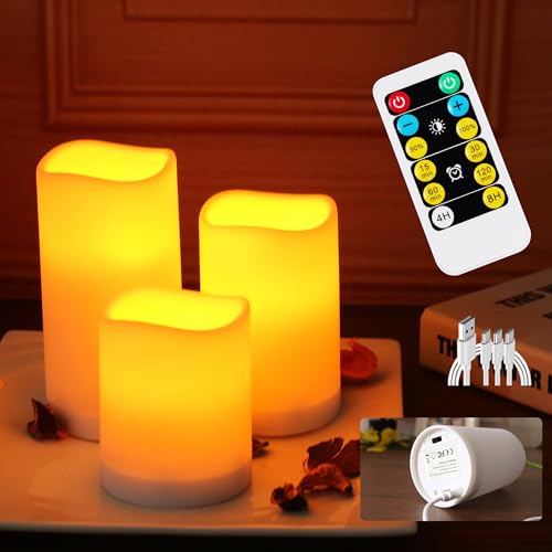 Image of Remote Control Rechargeable Flameless LED Pillar Candle Light, Outdoor /Indoor Flicker Plastic Candle, 3 Pack with Remote Control