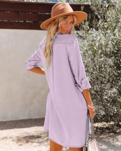 Image of Paintcolors Women's Long Sleeve Silk Denim Button Up Dresses Shirt Tunics Cover-ups Oversized Blouse Tops with Pockets