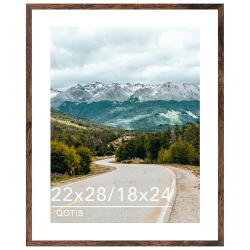 QOTIB Wood 22x28 Picture Frame with 18x24 Mat Display 18x24 with Mat or 22x28 Without Mat Wood 22 by 28 Photo Frame 22 x 28 Frame for Wall Hanging Display Deep Brown