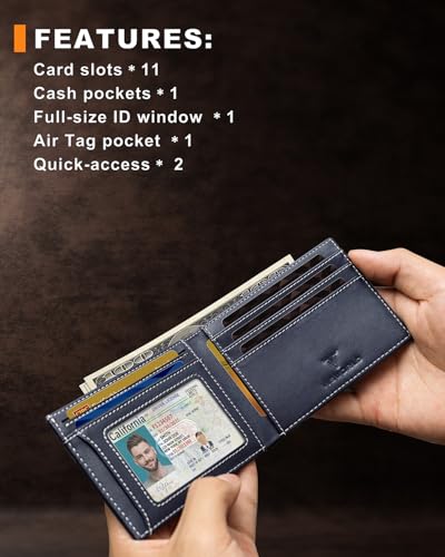 Men's Wallet with Airtag Holder, Bifold Full-Grain Leather Wallet for Apple Air Tag, Slim Wallet for Men with RFID Blocking, 11 Card Slots2