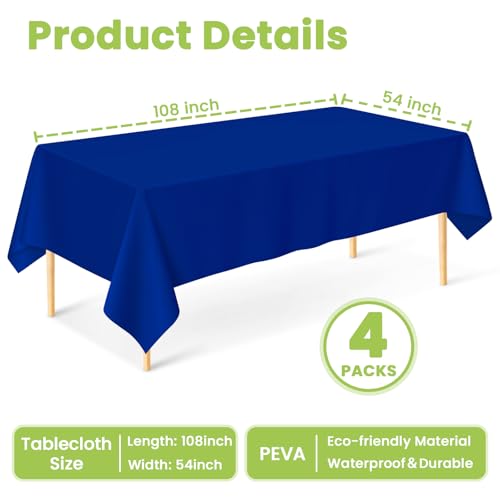 Image of Mulbozy Navy Blue Plastic Table Cloth Disposable 4 Pack, 54 x 108 Inch Tablecloths Rectangle, Navy Plastic Table Cover for Party Decor