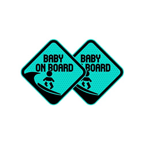 Image of Vesvory 2pcs Baby on Board Surf Sticker for Cars, Reflective Vinyl Decals Funny Baby on Board Sign 4.92x4.92 in Reflective Baby Safety Warning Car Decal for All Cars (Mint Green)