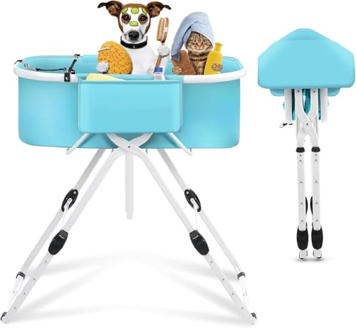 Ladfrol 犬 バスタブ ペット用バスタブ 折りたたみ スタンド付き 猫 犬浴槽 バケツ 排水プラグが付く 大容量 ソフトタブ ポータブルバスタブ 内外に適用 (ブルー)