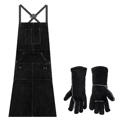 eletecpro Leather Welding Apron & Welding Gloves Heavy Duty Durable - Length 42 Inch 6 Pockets Cowhide Heat Resistant Black
