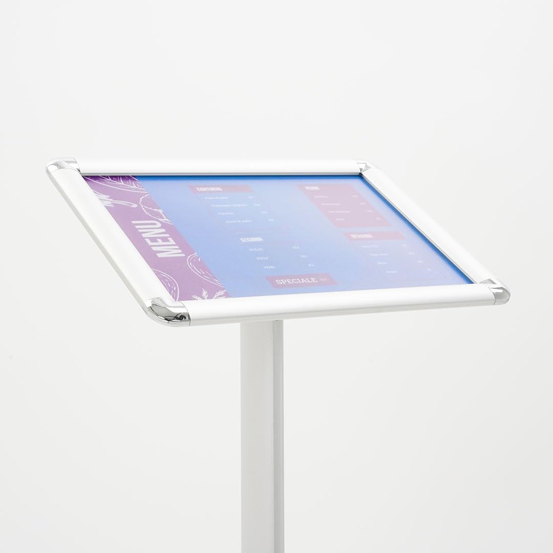 Danieli - Leggio Porta Menu A4 Orientabile. Espositore da Terra con Cornici a Scatto in Alluminio Anodizzato Silver. Supporto da Pavimento con Base Rettangolare in MDF per Poster e Avvisi