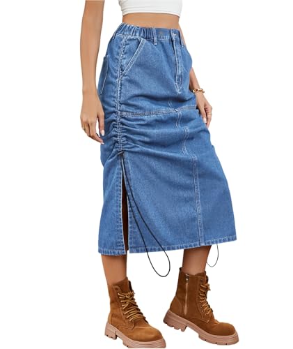 SOMTHRON Women's Casual Denim Midi Skirt Elastic Waist Washed Side Slit Drawstring Ruched Jean Long Skirt
