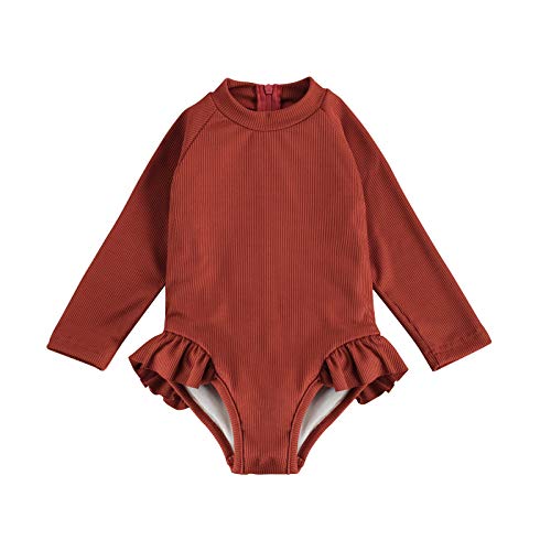 Amiblvowa Kids Toddler Infant Baby Girl Swimsuit One Piece Ruffle Swimwear Bathing Suits Hawaiian Beach Wear Holiday Clothes (Brown Back Zipper, 3-4T)