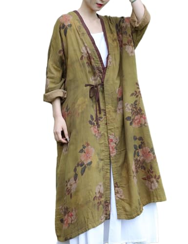 NFYM Women Lightweight Kimono Jacket Cotton Yarn Printed Tie Up Vintage Loose Cardigan Open Front Trench Coat Outerwear