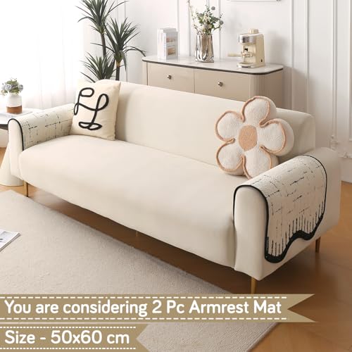 Image of HOKIPO Premium Supple Soft Wavy Anti-Slip Armrest Cover for Sofa, 1 Pair, Off-White (AR-5971-OWHT*2)
