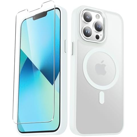 YENAPOON for iPhone 13 Pro Max Case, Matte Magnetic Phone Case with 1 Screen Protector, Support for Magsafe, Translucent Frosted Slim Shockproof Protective Cover for iPhone 13 Pro Max 6.7 inch, White Cover