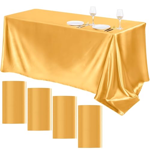 Image of TURSTIN 4 Pack Gold Satin Tablecloth 102 x 58 Inch Overlay Table Cover
