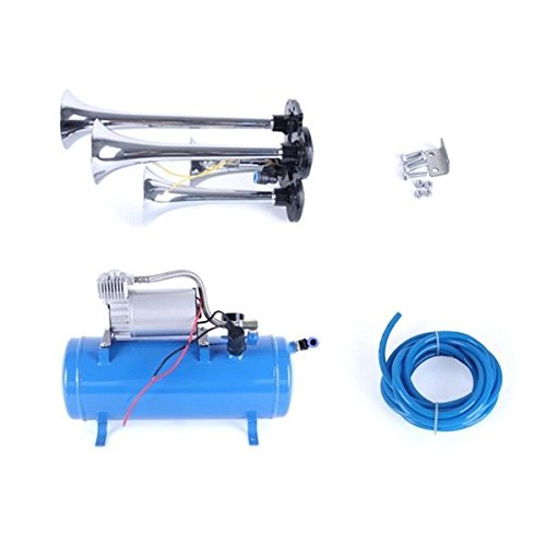 BH-Motor New Chrome 4-Trumpet 150DB Air Horn Car Truck Train + 120 PSI 12 V Blue Air Compressor & Hose Air Train Horn for Truck SUV Car Pickup Jeep