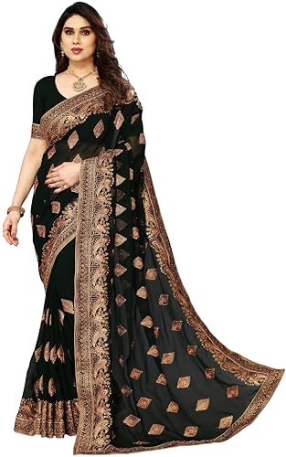 Image of B BELLA CREATION Women's Maroon Georgette Saree with Heavy Golden Embroidery Work & Unstitched Blouse Piece
