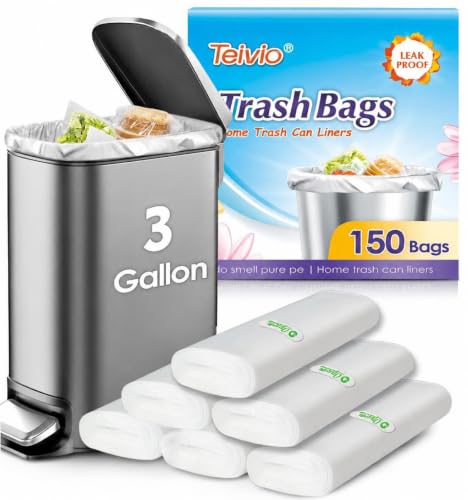 3 Gallon 150 Counts Small Trash Bags 3 Gallon 3.1 Gallon 3.2 Gallon fit 10 liter Garbage Bags by Teivio Waste Basket Bags Bathroom Trash Can Bin Liners Plastic Bags for home office kitchen Clear