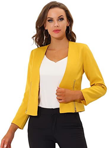 Allegra K Women's Work Office Open Front Zipper Collarless Cropped Blazer X-Large Yellow