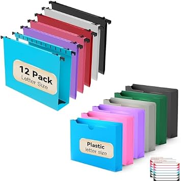 NORDUN 12 Pack Plastic Hanging File Folder Letter Size 2 Inch Expansion & 12 Pack Plastic File Jackets Letter Size Manilla File Pocket Folders