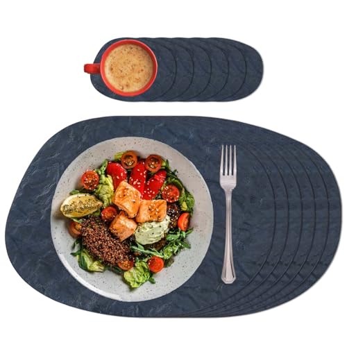 AHHFSMEI Placemats Set of 6 Faux Leather Place mats for Dining Table Heat-Resistant Non-Slip Washable Waterproof Coffee Mats Easy Clean Table Mats and 6 Coasters(Navy)