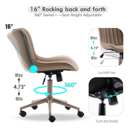Image of YOUNIKE Office Desk Chair with Wheels Armless Vanity Chair Ergonomic Khaki | Faux Leather Upholstered with Rocking Back, Swivel Height Adjustable, Modern Small Cute Task Chair For Sewing Drafting